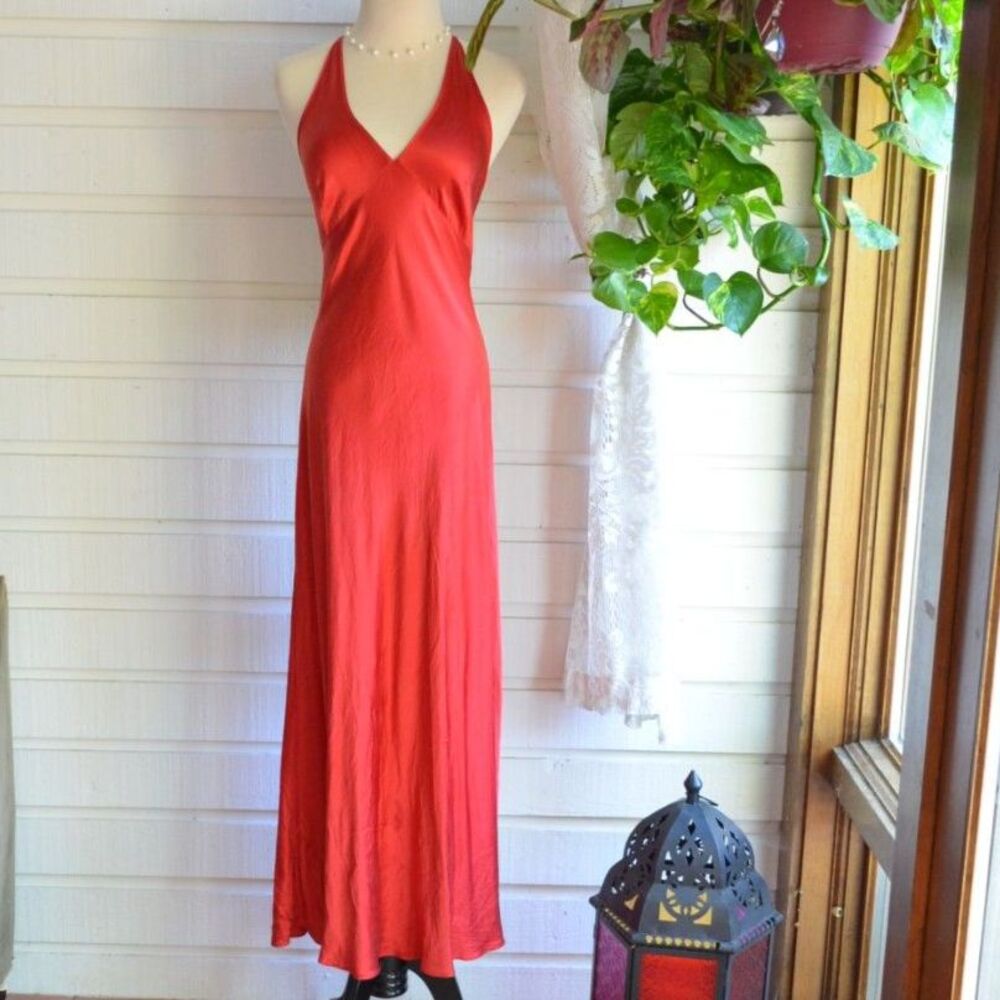 Vintage Victoria's Secret Silk Maxi Slip Dress Beaded Back Red Small Y2K Gown